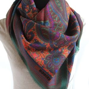 RODIER 100% Wool Shawl MADE IN ITALY Checker Paisley green teal motif
